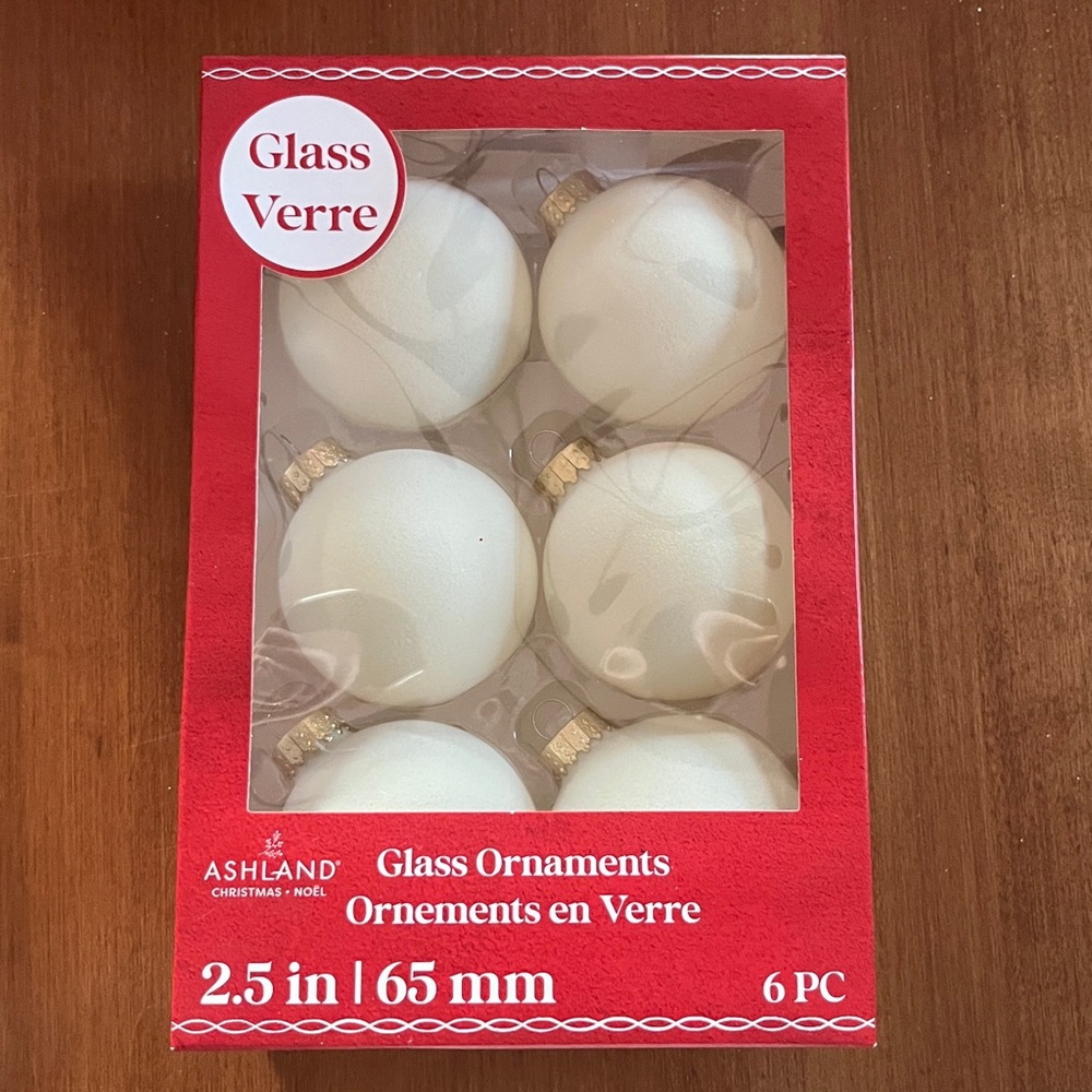 Ashland flocked off White creme Glass Ornaments with Gold Caps - Set of 6 2.5”